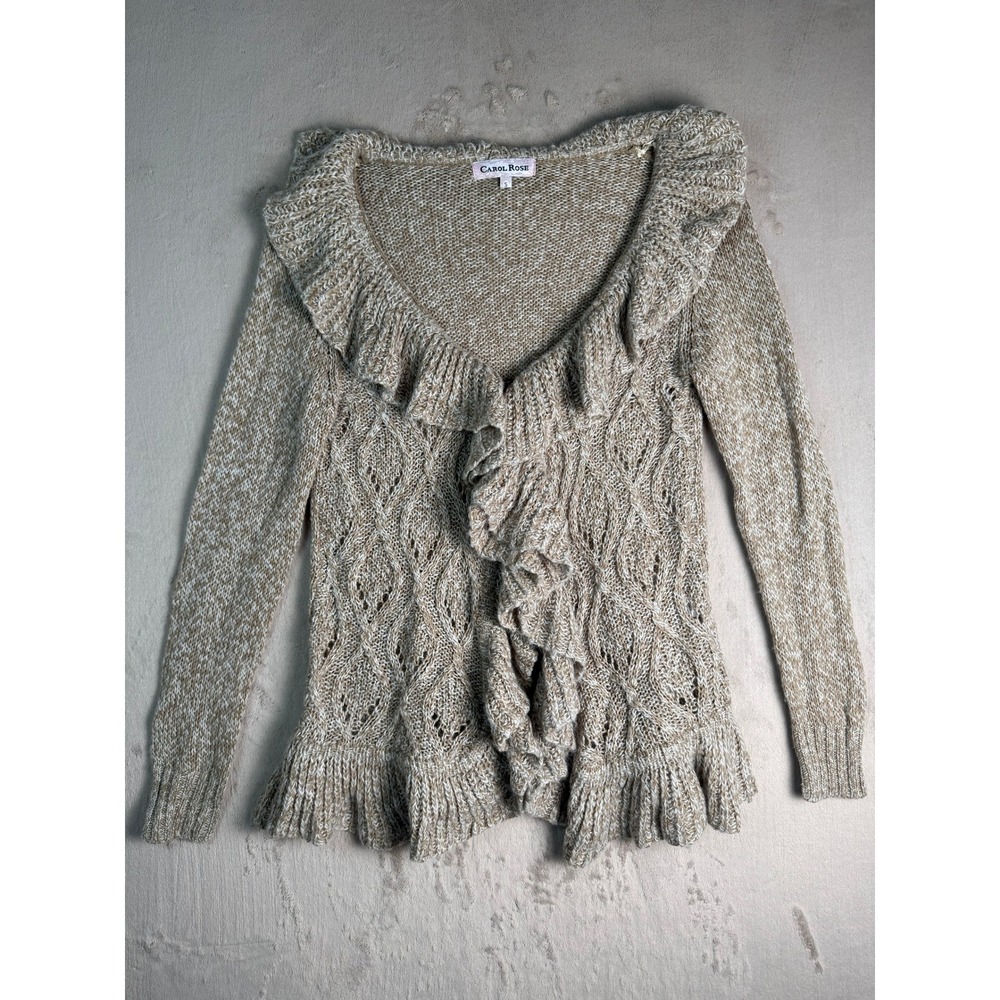 Carol Rose Tan Marled Ruffle Open‎ Front Cardigan Sweater Womens Small Pointelle